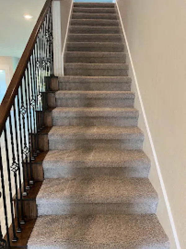 The stairs are carpeted and have a wrought iron railing.