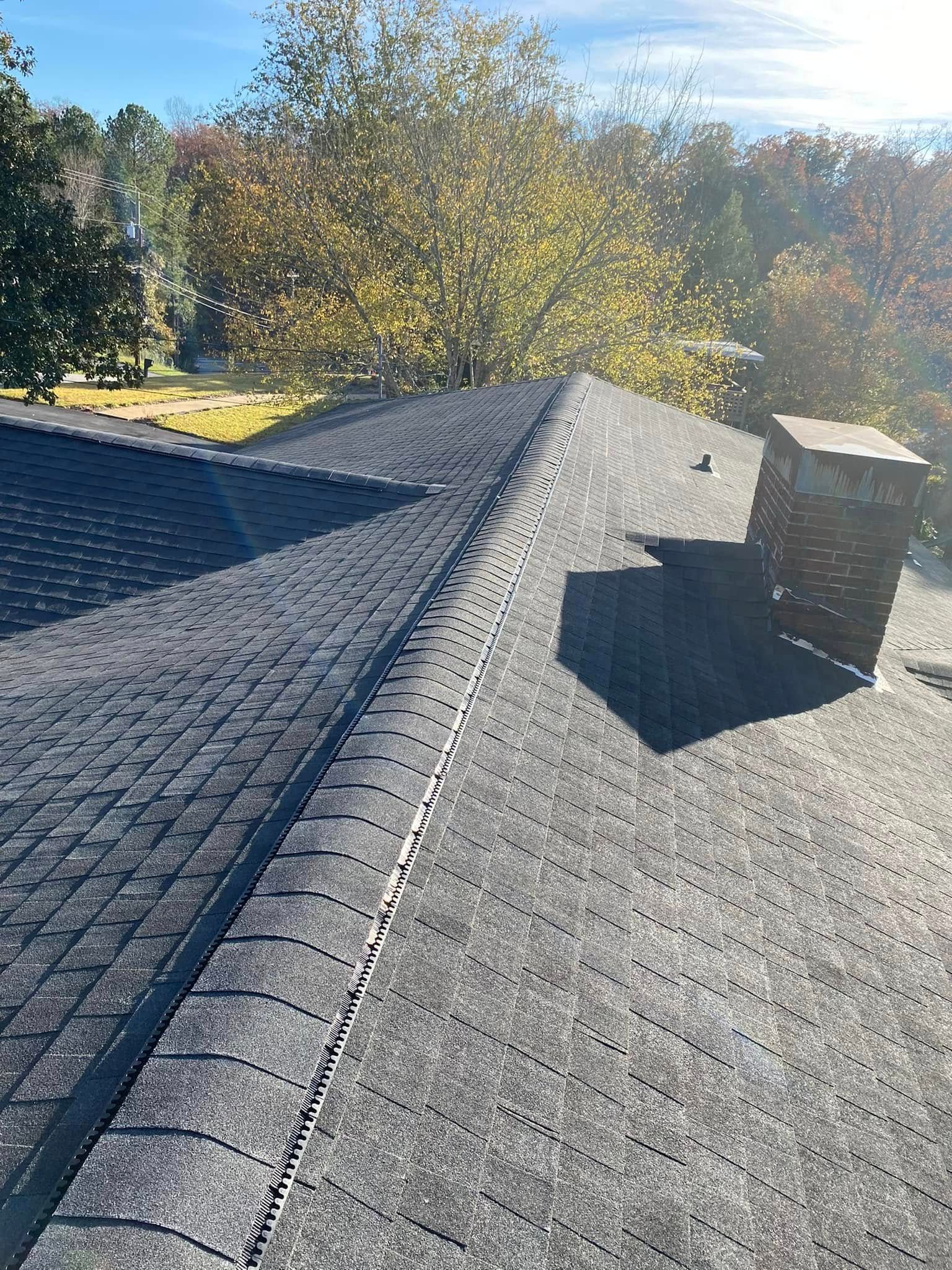 A roof with a chimney on it and trees in the background.