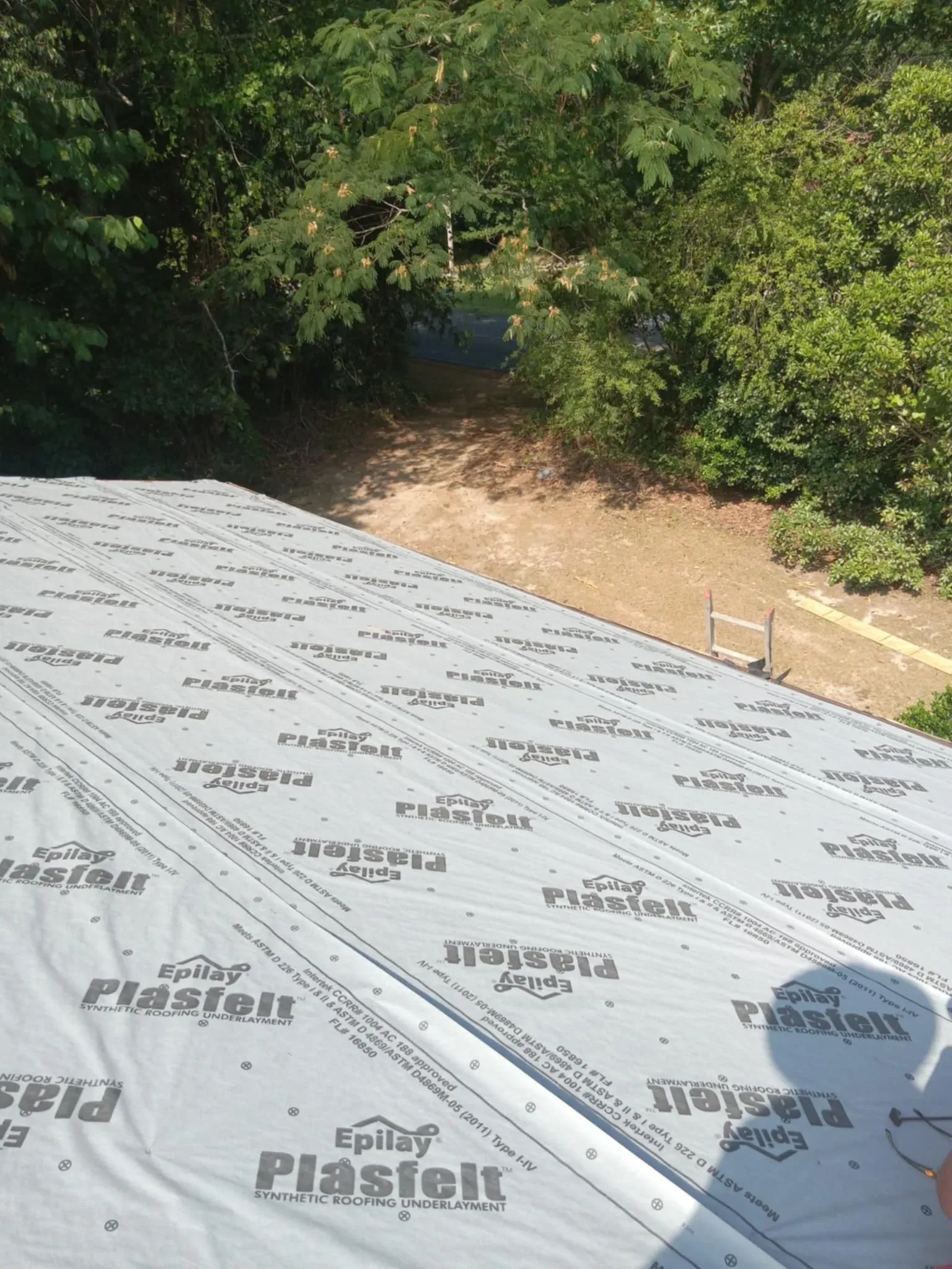 A roof with a lot of trees in the background.