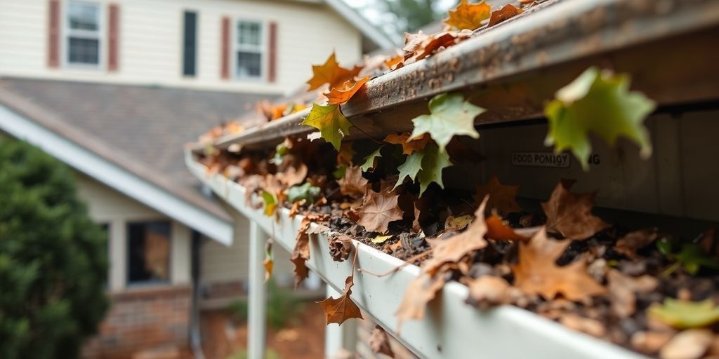 Clogged gutter with leaves in Northwest Georgia residential area.