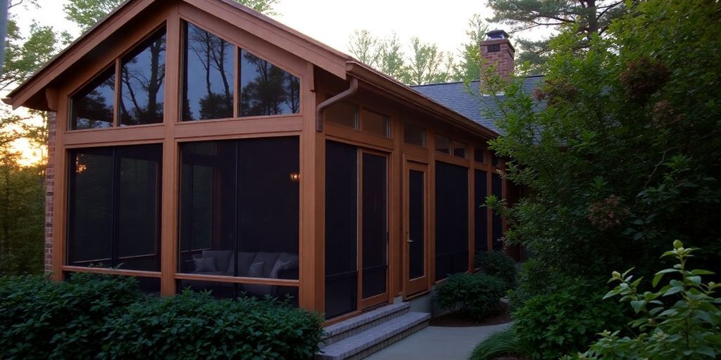 Custom screened porch with cozy seating and greenery.