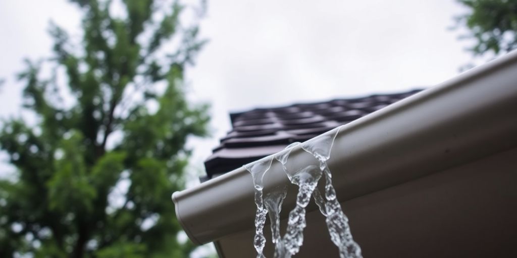Gutters with rainwater under a cloudy sky.