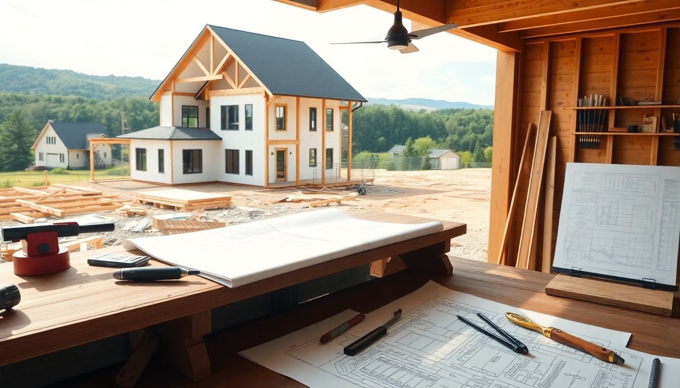 Custom home builder's workspace with tools and blueprints.