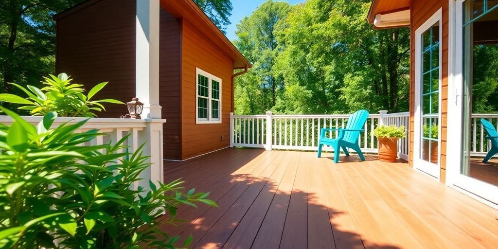 Deck in lush garden, ideal for humid summers.