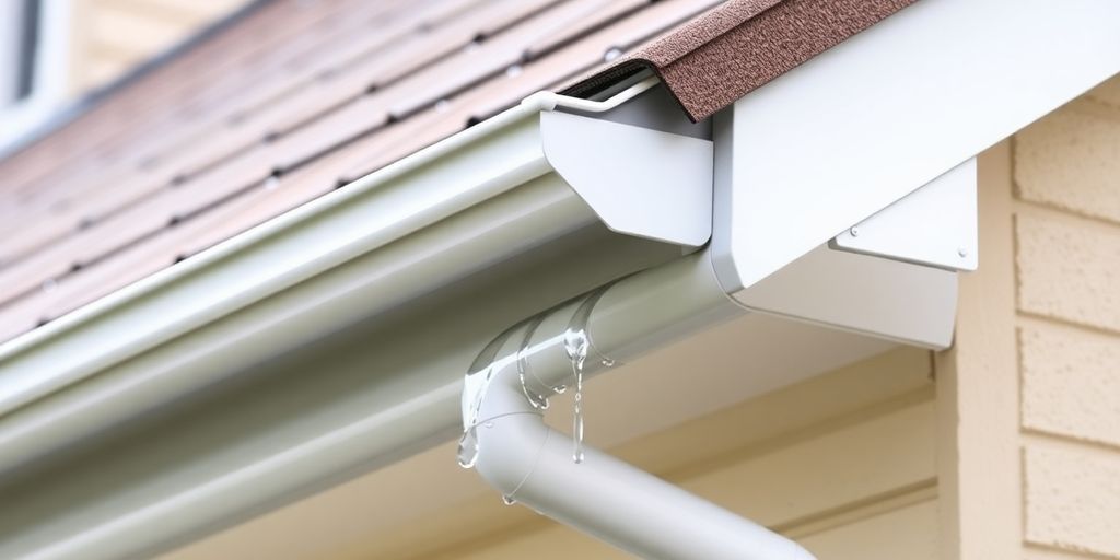 Seamless gutters on a residential home with clear water flow.