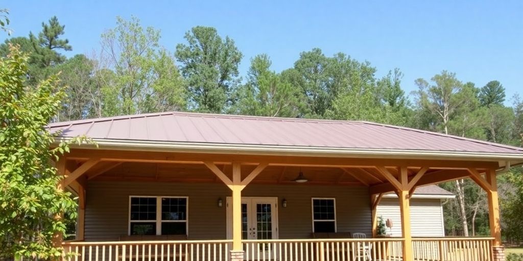 Sturdy roof over a porch with lush greenery surrounding.