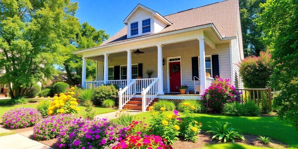 A white house with a large porch and flowers in front of it