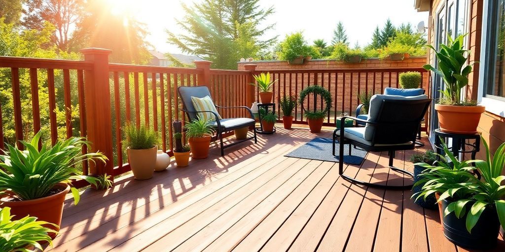 Wooden deck with plants and furniture in sunlight.
