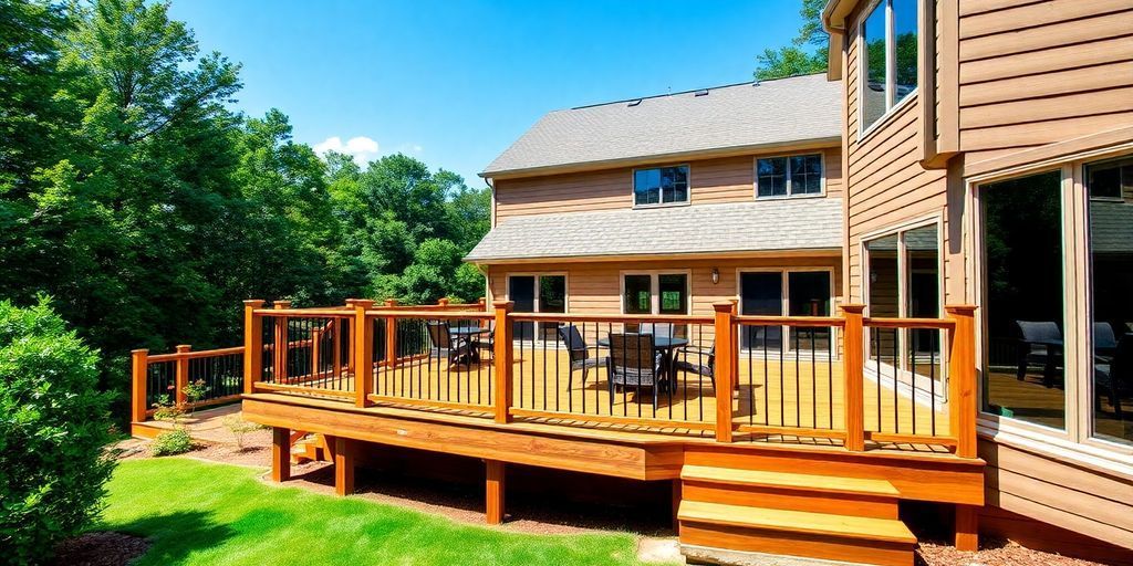 Wooden deck in Georgia backyard with green landscaping.