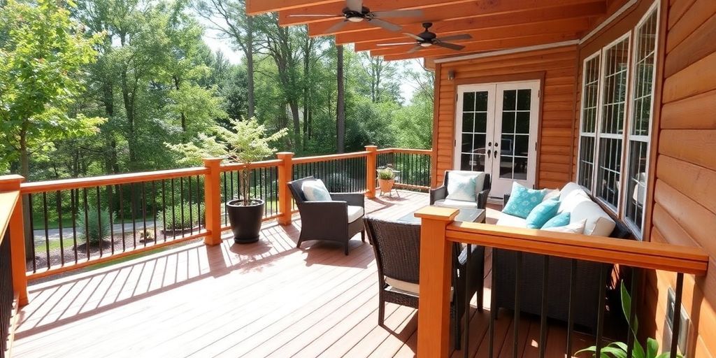 Wooden deck with furniture in a sunny outdoor setting.