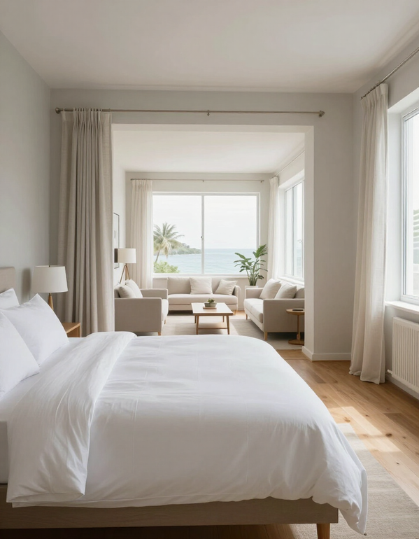 Freshly cleaned vacation rental bedroom with crisp linens