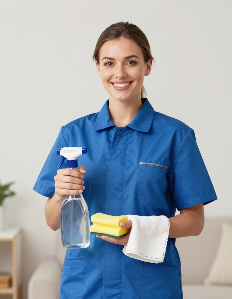 Needles Cleaning Co team member in uniform holding cleaning supplies