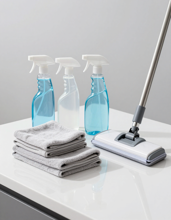 Professional cleaning supplies arranged neatly