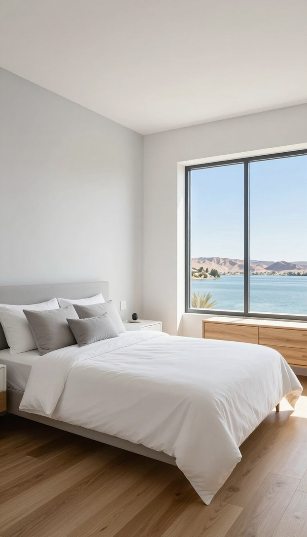 Freshly made guest bedroom in a vacation rental with crisp white linens