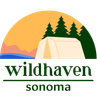 The  logo for Wildhaven Sonoma with tent in front of river with trees, mountains, and sunset in background