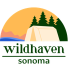 The  logo for Wildhaven Sonoma with tent in front of river with trees, mountains, and sunset in background