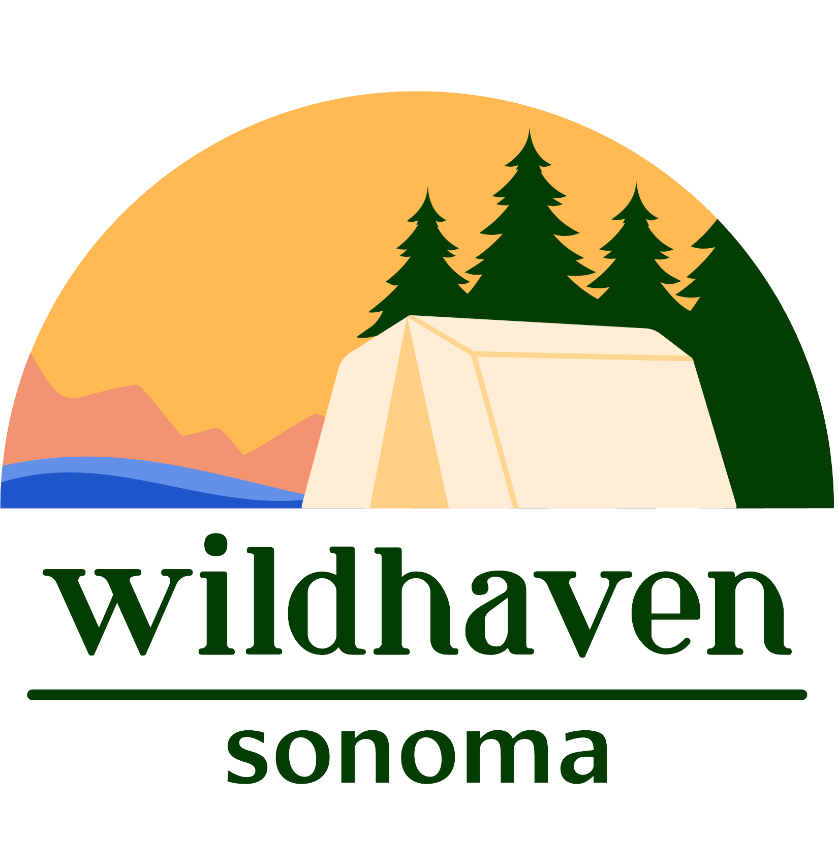 The  logo for Wildhaven Sonoma with tent in front of river with trees, mountains, and sunset in background