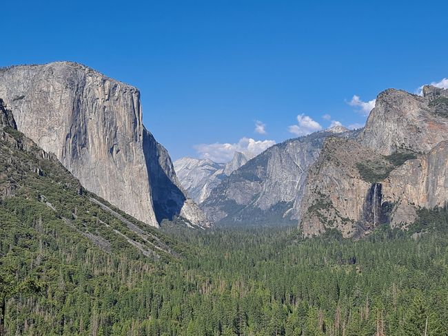 A valley surrounded by mountains and trees with a blue sky in the background