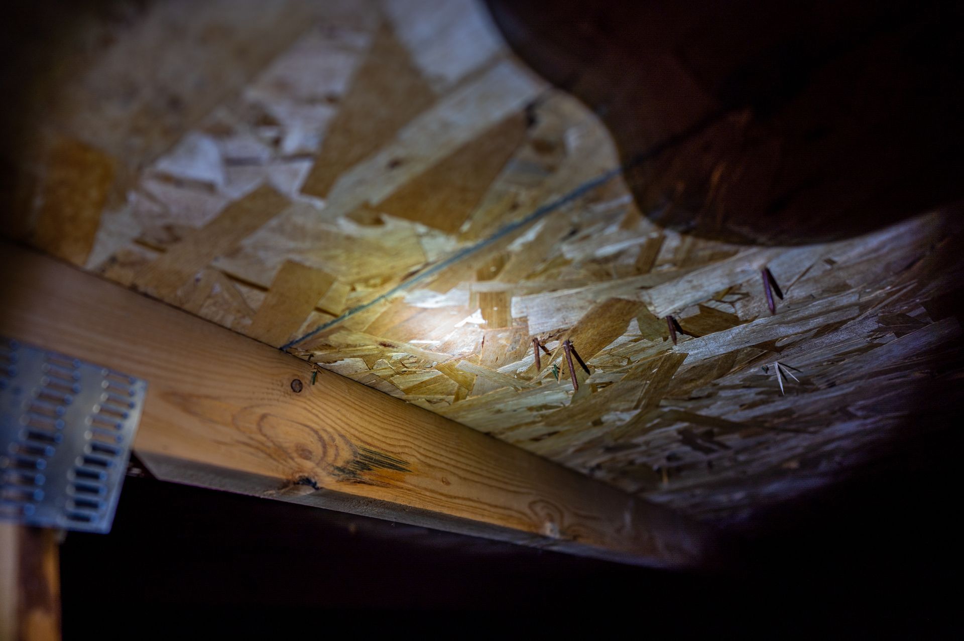 Looking up into an attic: wood beams and OSB roof decking show possible water damage and debris.