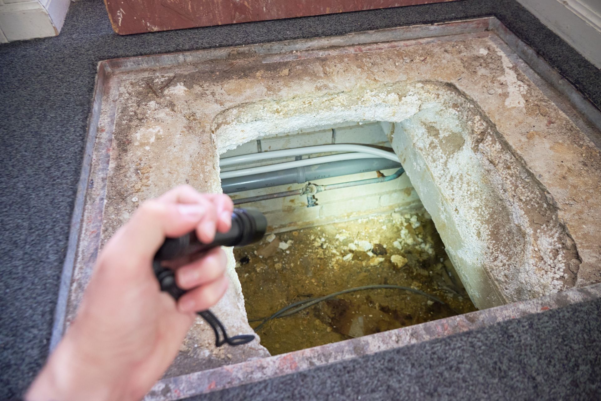 A person is holding a flashlight in a hole in the floor.