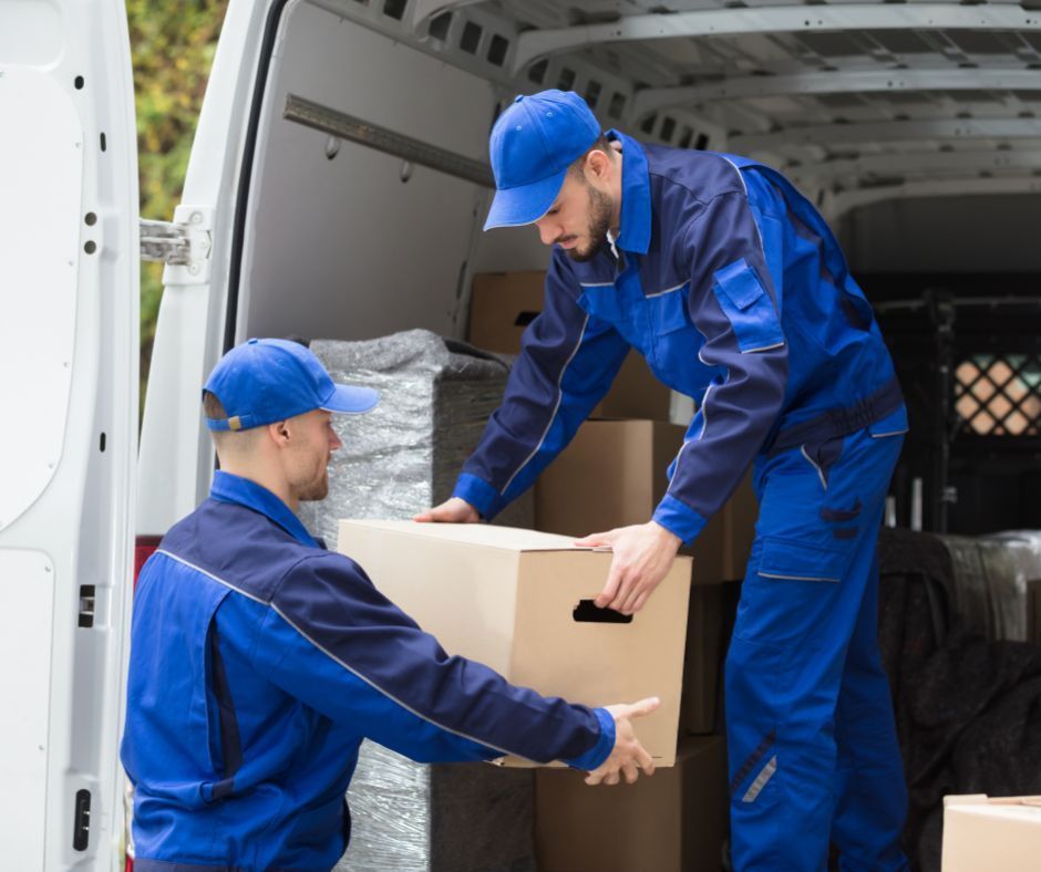 Two men are loading boxes into a van.