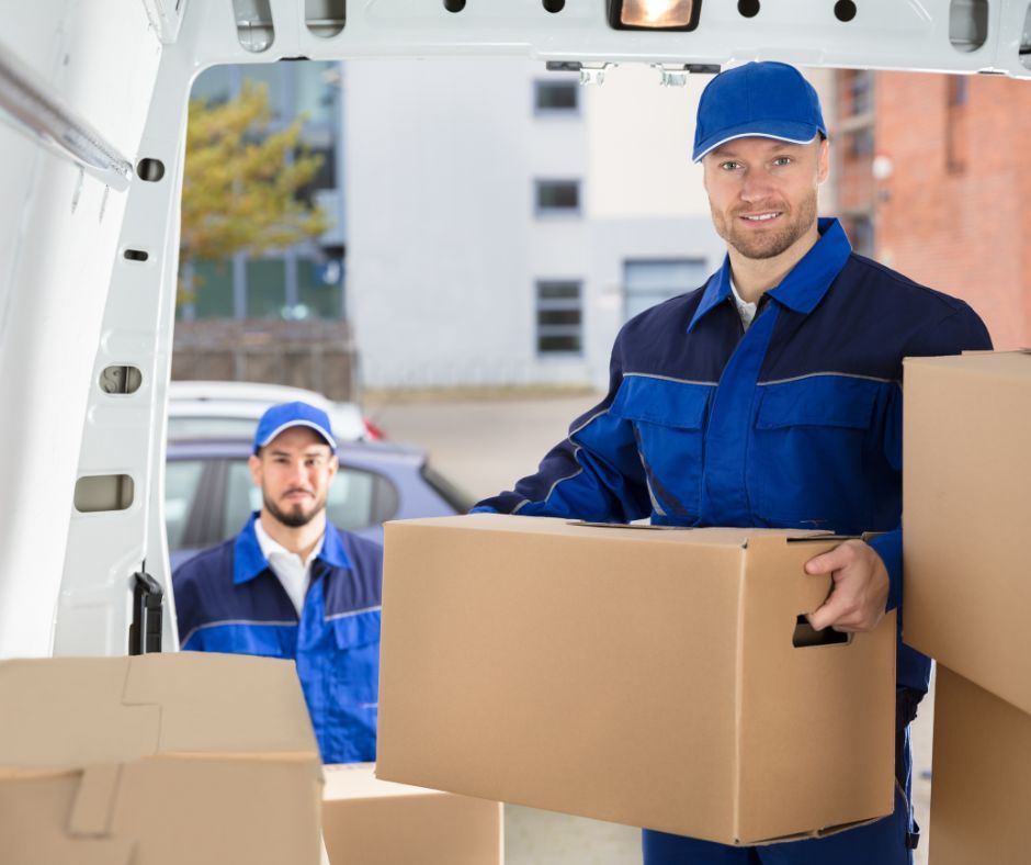 Two delivery men are loading boxes into a van.