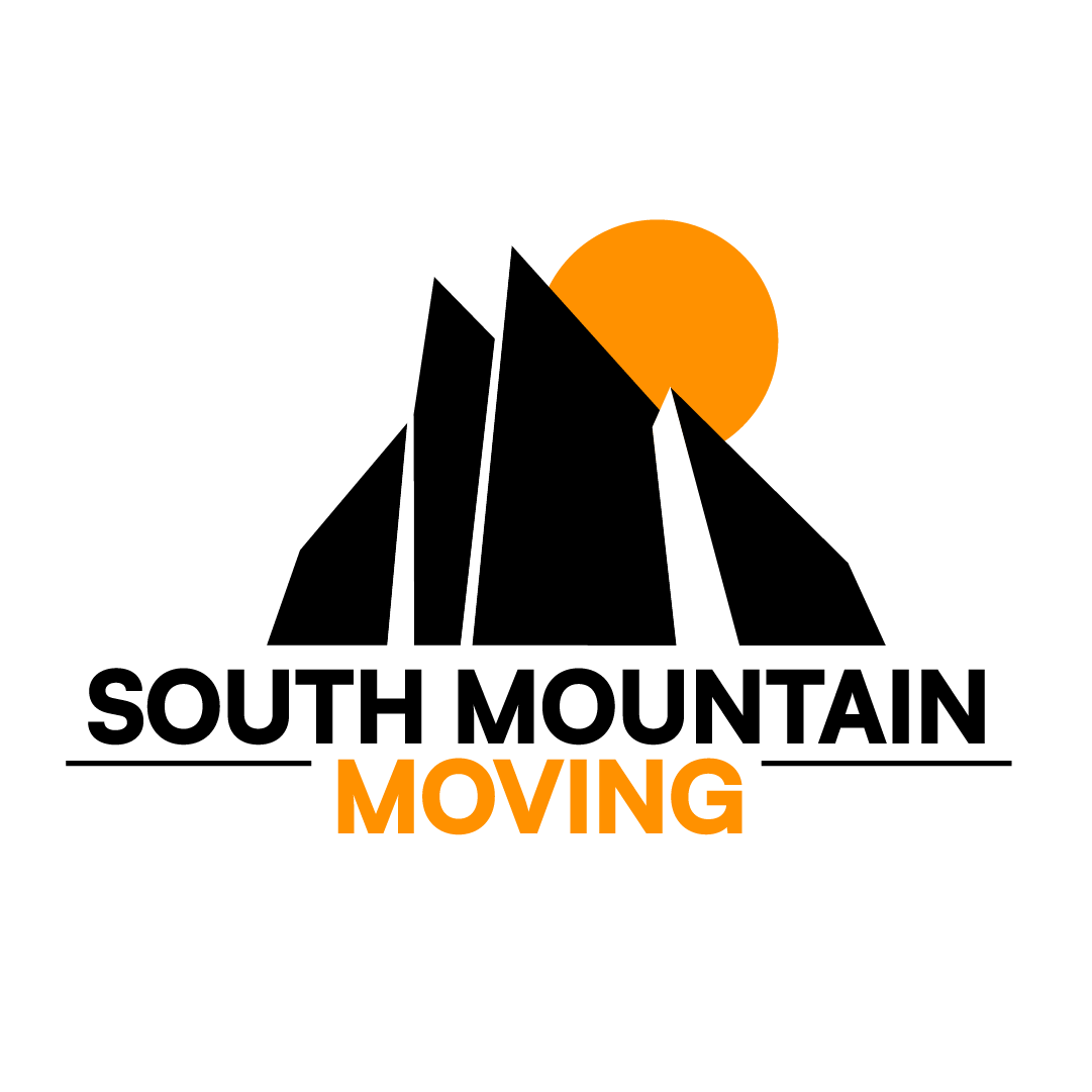 The logo for south mountain moving shows a mountain and a sun.