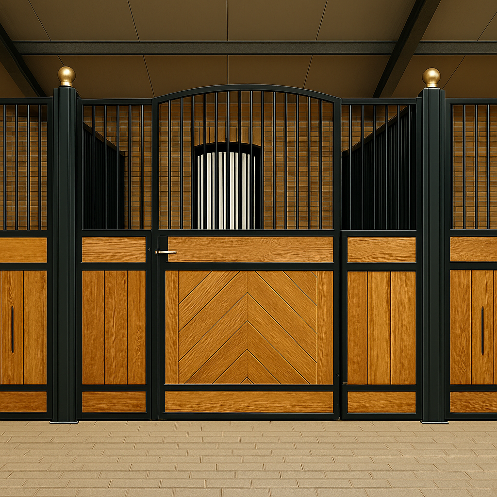 Elegant front of a horse stall with vertical steel bars and wood finish – safe, durable, and stylish stable solution.