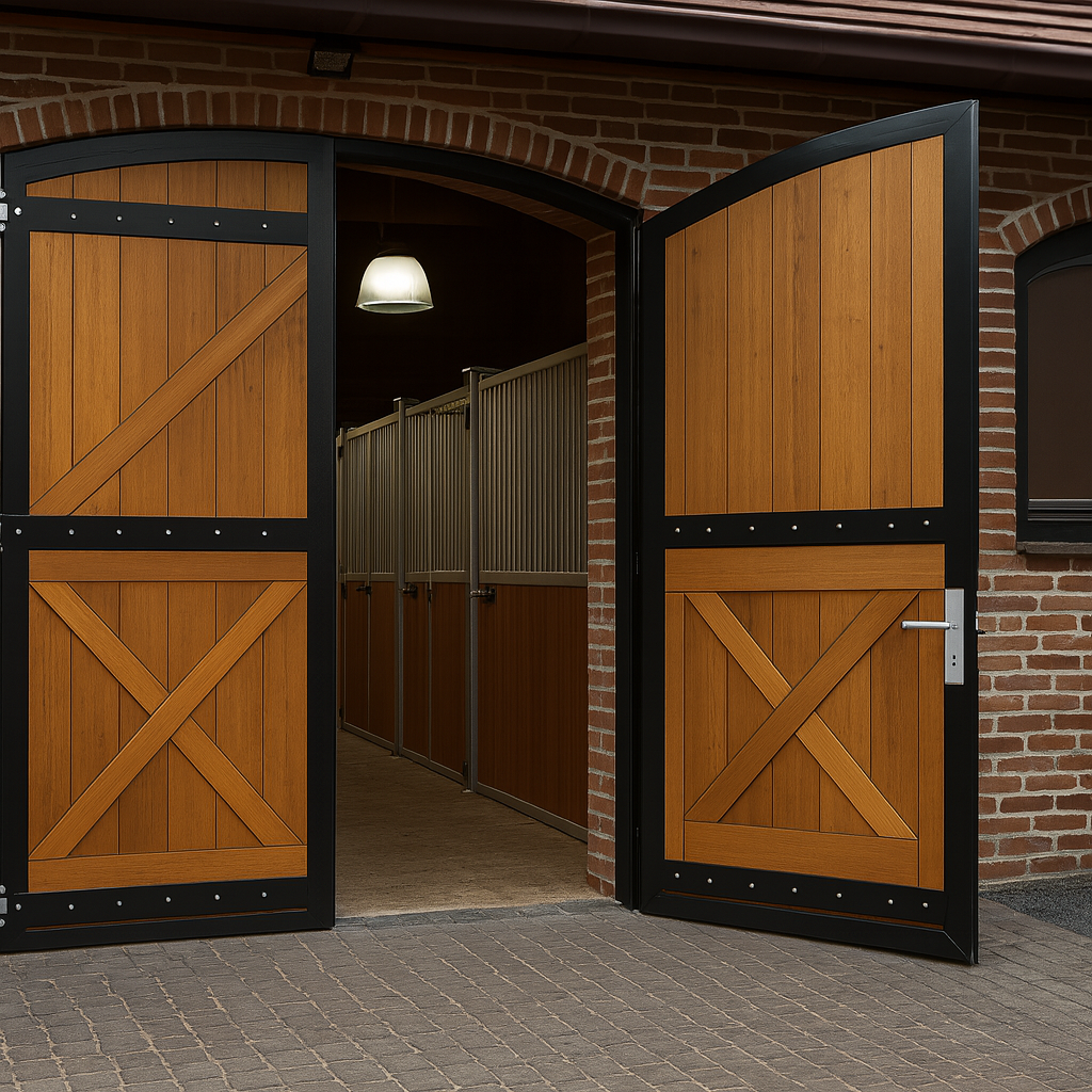 Durable wooden stable gate with steel reinforcements – ideal for professional equestrian facilities.