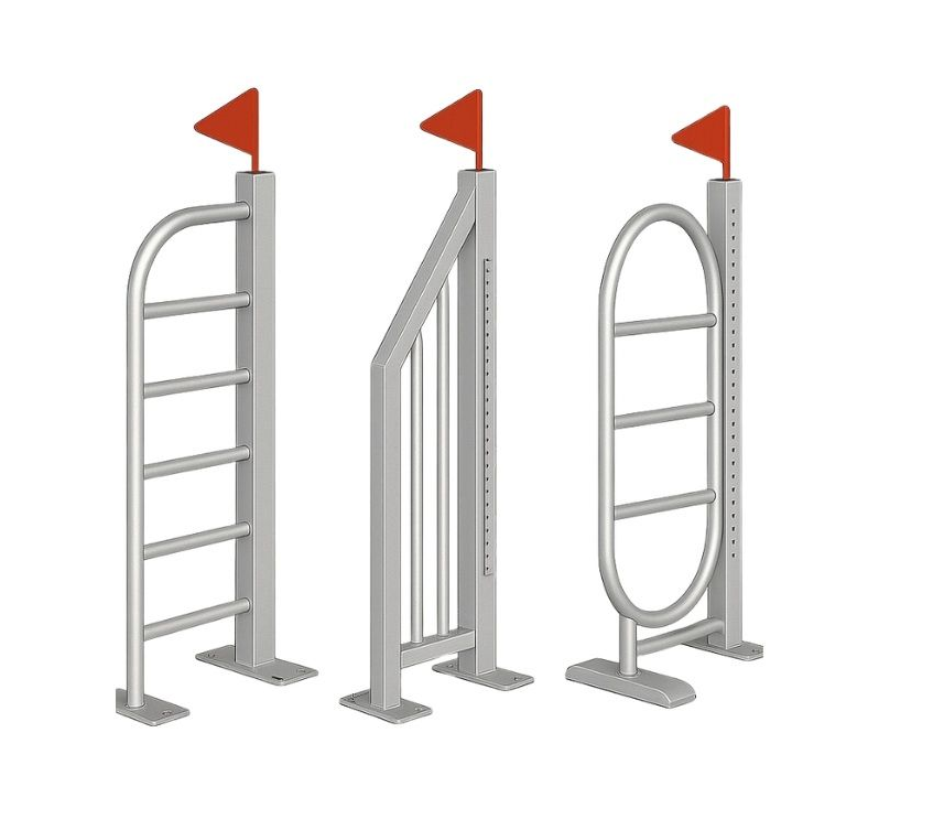 Set of equestrian jump stands – curved and angled designs with flags for training or competition.