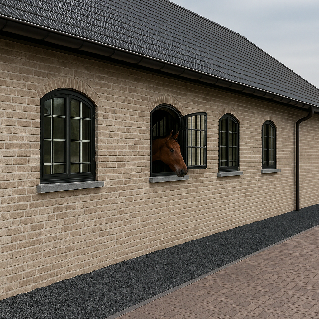 Stable windows with arched frames and safety bars – ventilation and visibility for horses in equestrian facilities.