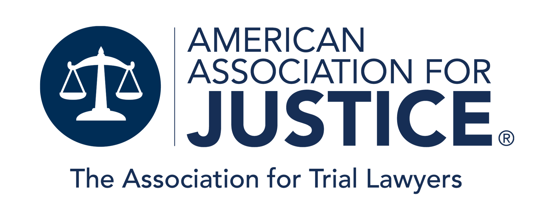 The american association for justice logo is black and white and says the association for trial lawyers.