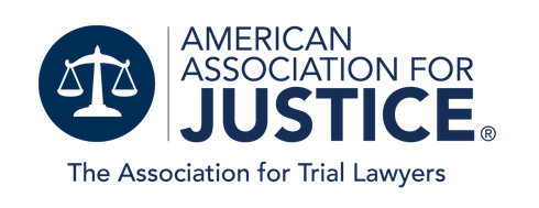 Logo of the American Association for Justice, featuring scales of justice in a blue circle and text "JUSTICE".