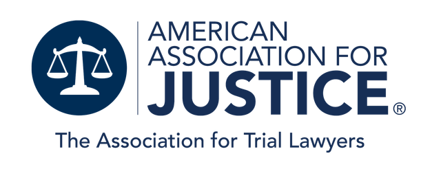 Logo of the American Association for Justice, featuring scales of justice in a blue circle and text "JUSTICE".