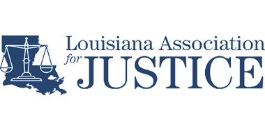 Logo of the Louisiana Association for Justice. Features the state outline, scales of justice, and the word "JUSTICE".