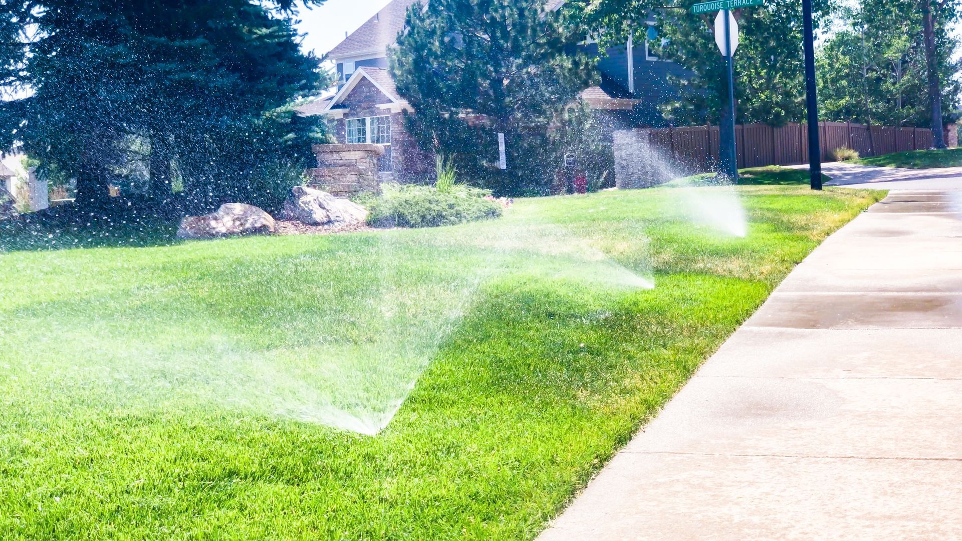 Sprinkler watering a bright green lawn next to a sidewalk and a residential street.
