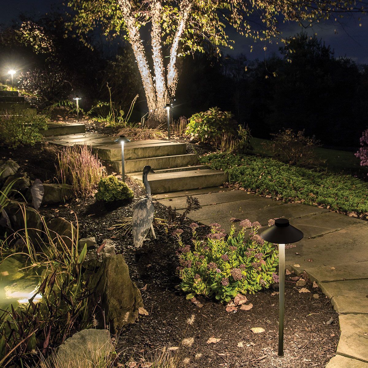 Path and garden illuminated at night with landscape lighting.