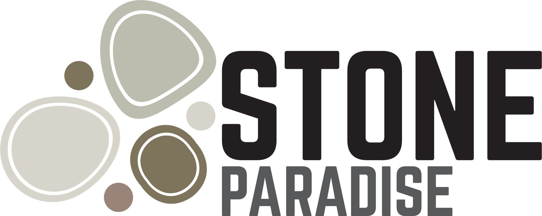 Stone Paradise logo with beige and brown stone shapes and bold black text