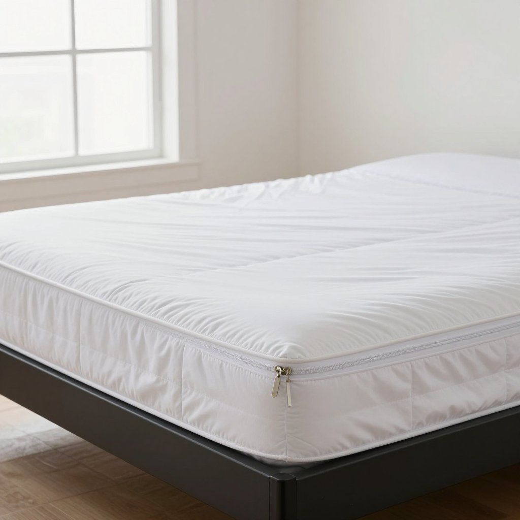 Surmatelas blanc à fermeture éclair sur un cadre de lit noir près d'une fenêtre.