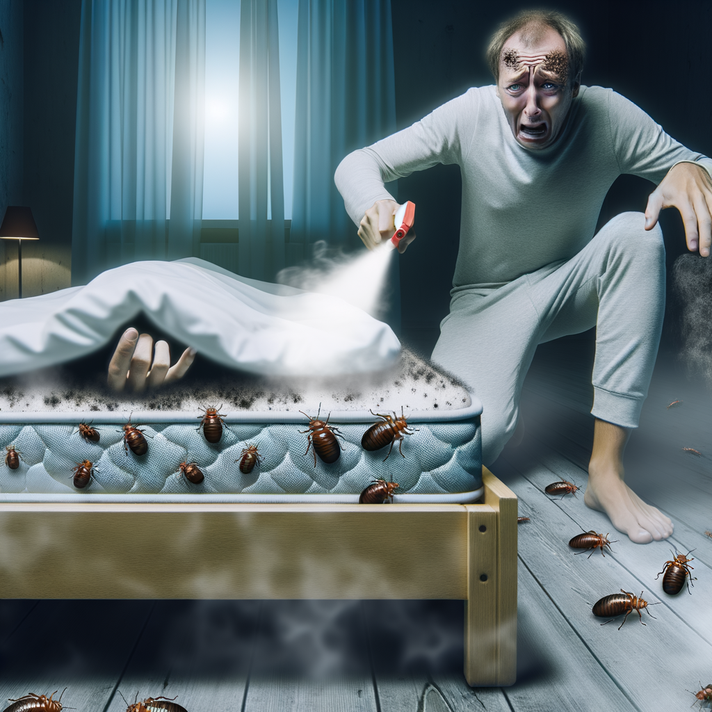 Un homme vaporise un matelas avec un insectifuge