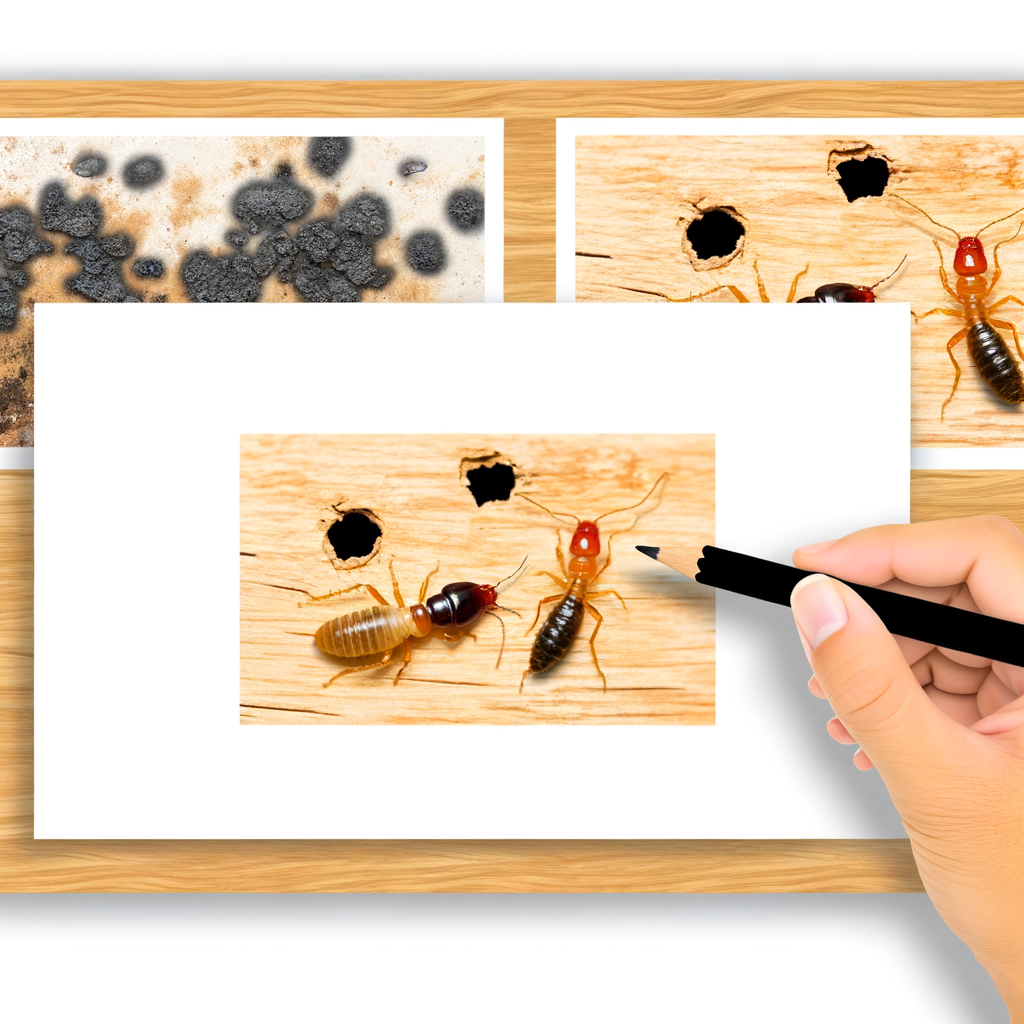 Une personne tient un crayon au-dessus d'une image de termites