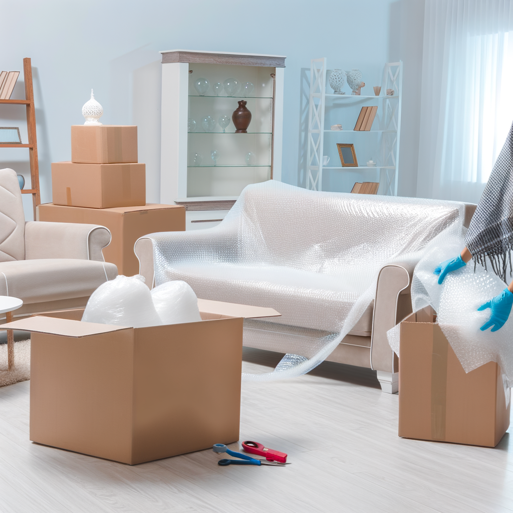 Une personne emballant des meubles dans une pièce recouverte de plastique, de cartons et de papier bulle, se préparant à déménager.