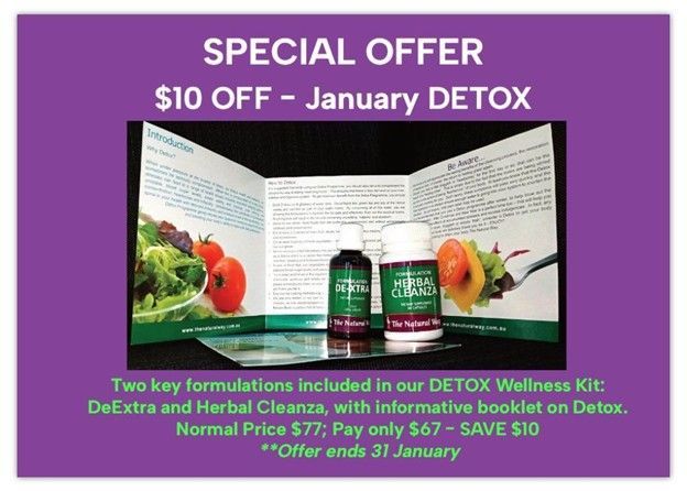 Promotional image: Detox kit offer with two bottles, booklet, vegetables; purple background. $10 off. Ends January 31st.