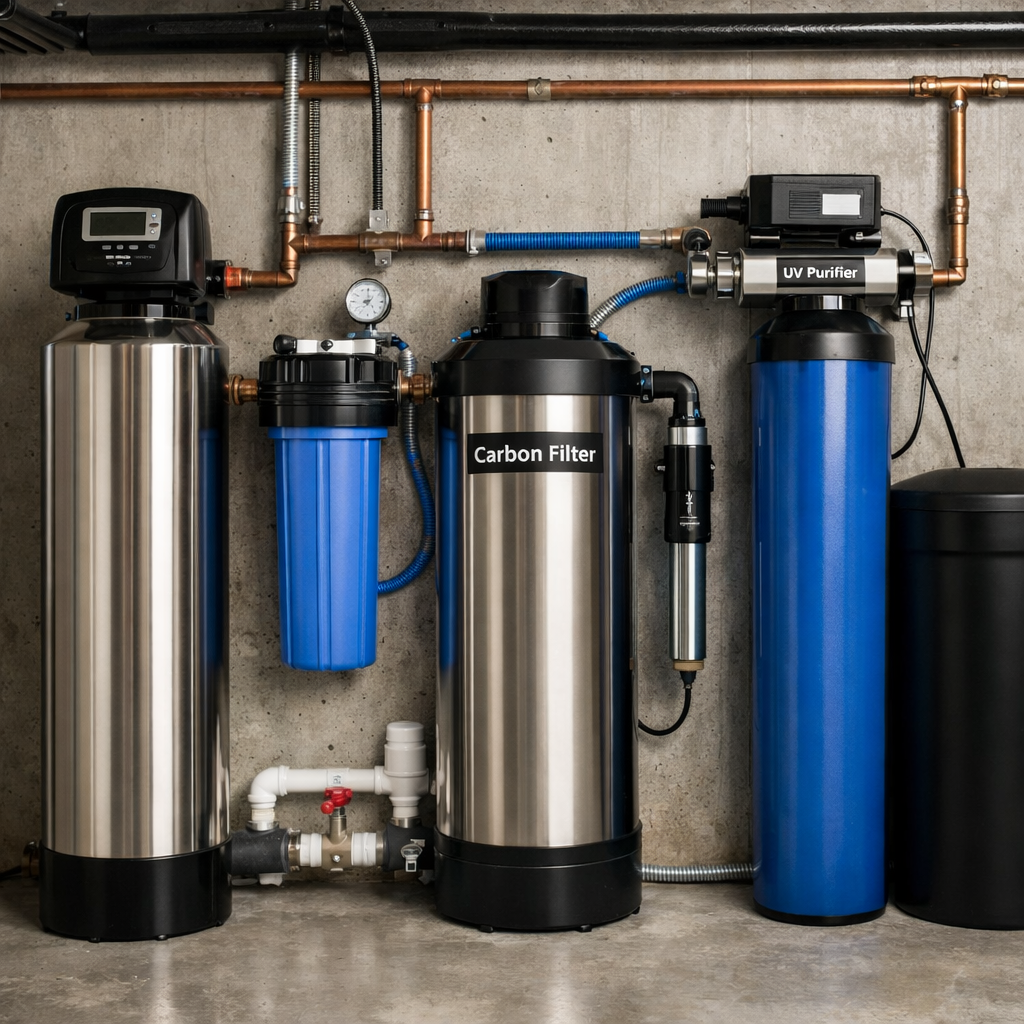 Water filtration system with four cylindrical tanks, blue pipes, and a large blue water tank in the background.