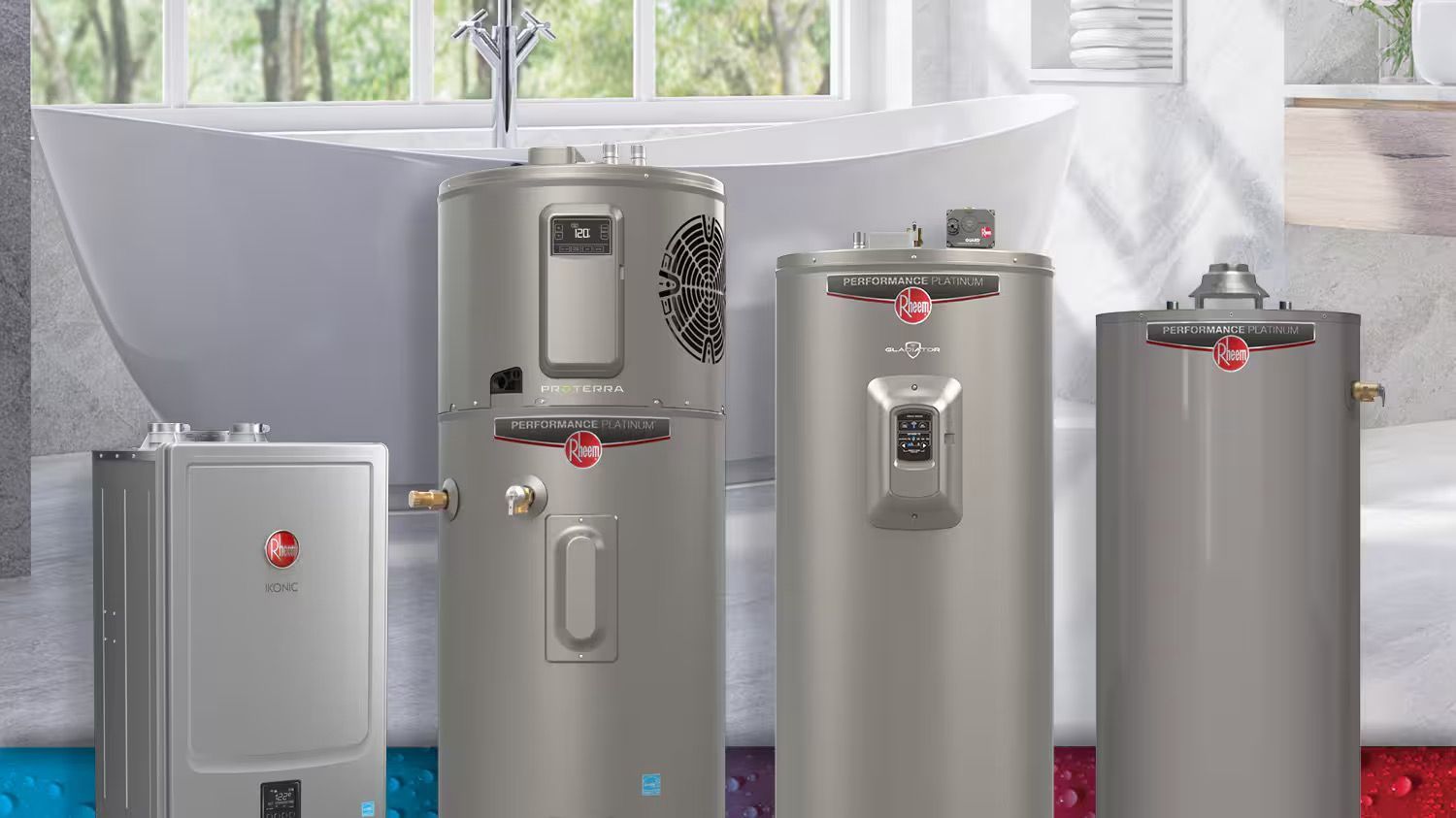 White water heater on a beige wall with metal exhaust pipe and copper pipes.