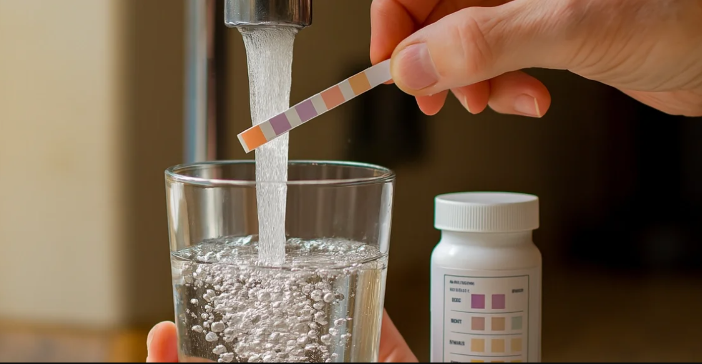 Hand testing water purity with a strip. Water flowing into a glass from a faucet, a bottle next to it.