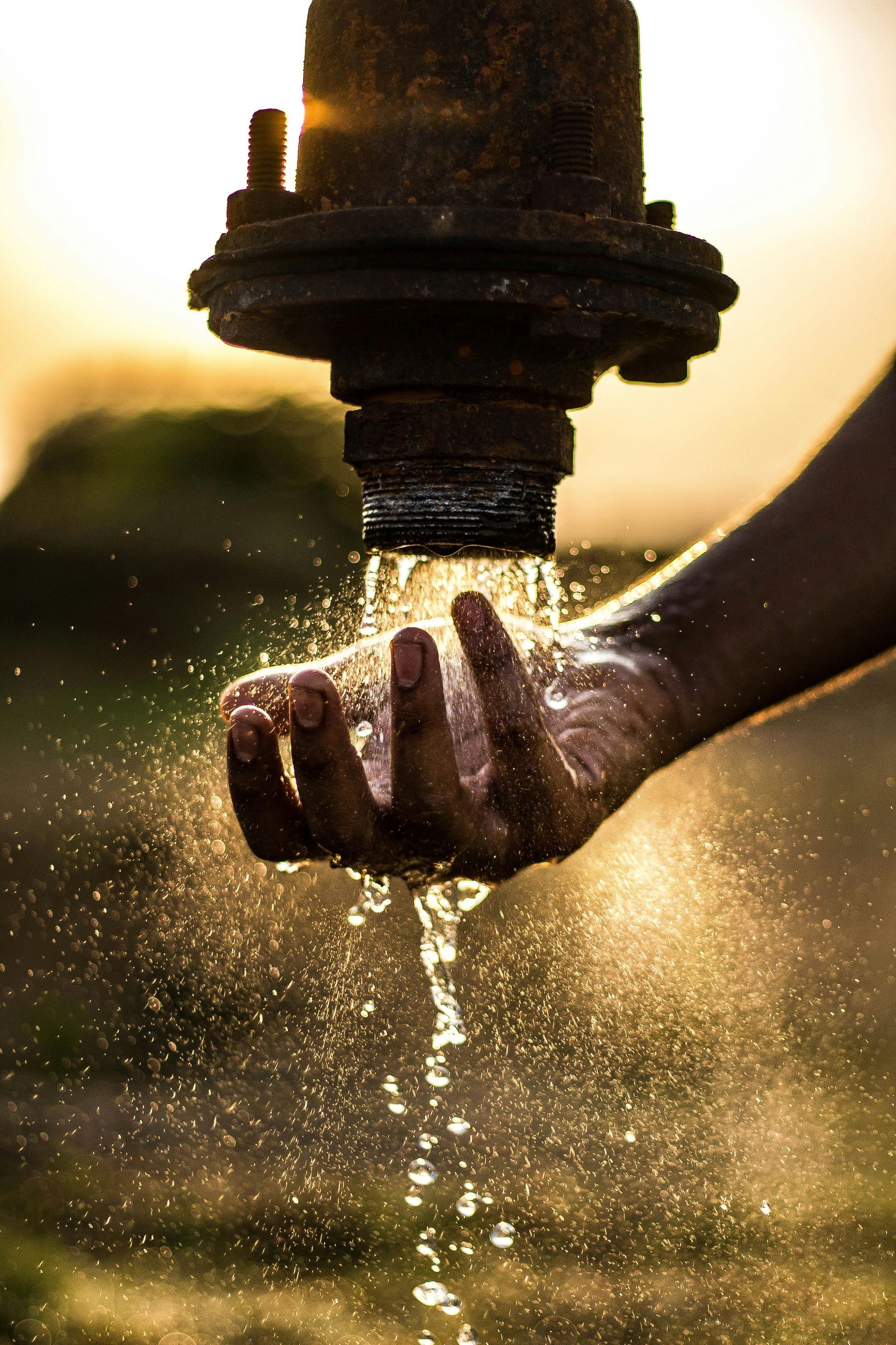 Water pours from a rusty faucet onto a cupped hand, with the sun setting in the background.