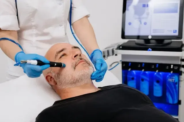 A man is getting a facial treatment at a beauty salon.