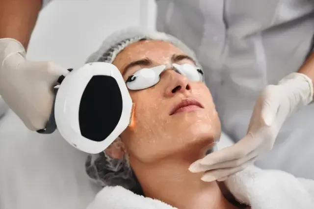 A woman is getting a laser treatment on her face.
