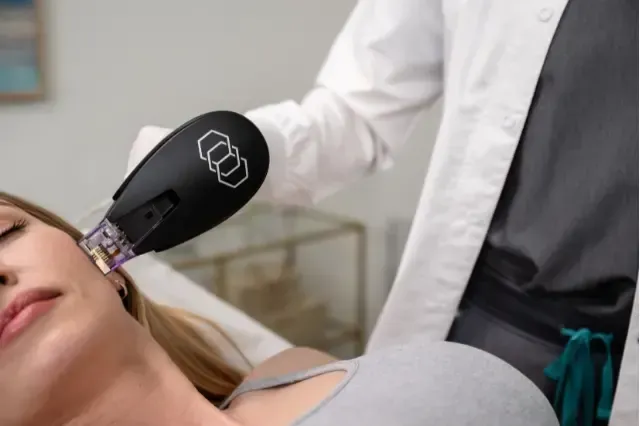 A woman is getting a laser treatment on her face.